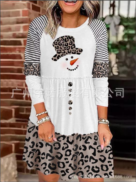 Christmas Printed Round Neck Pullover Long Sleeve Dress