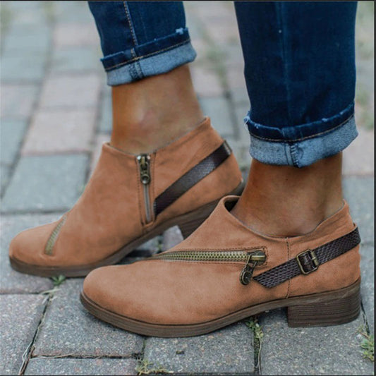 Retro Ankle Boots With Side Zipper Belt Buckle Design Round Toe Low Heel Boot Female Winter Autumn Fashion Women's Shoes