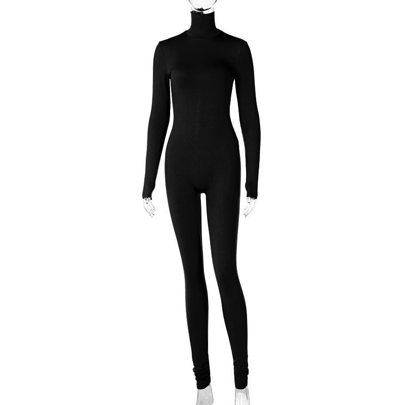 European And American Women's Clothing Autumn And Winter Solid Color Tight Back Zipper Sports Fitness Jumpsuit