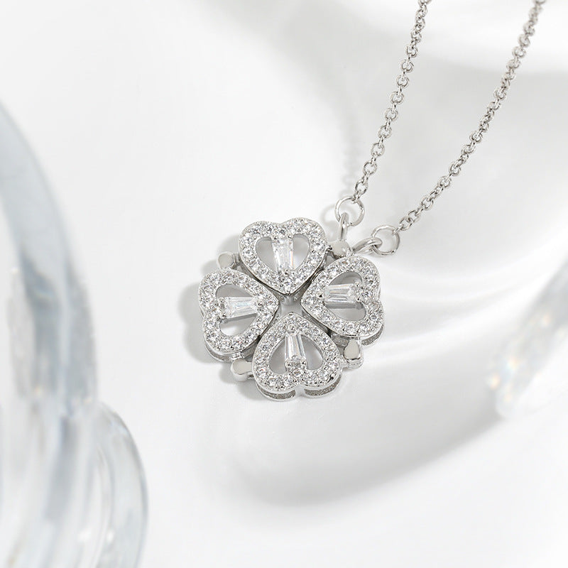 Dual-wear-style Love Heart Flowers Heart-shaped Four-leaf Clover Necklace