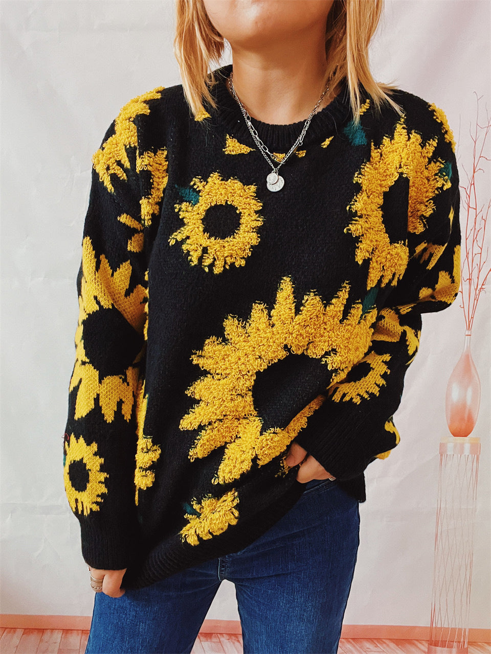 Women's Fashion Casual Sunflower Jacquard Round Neck Long Sleeve Sweater