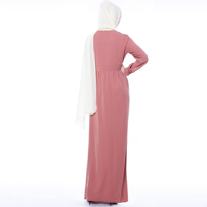 Basic Solid Color Dress Muslim Women National Wind Long Skirt Summer Long Sleeves