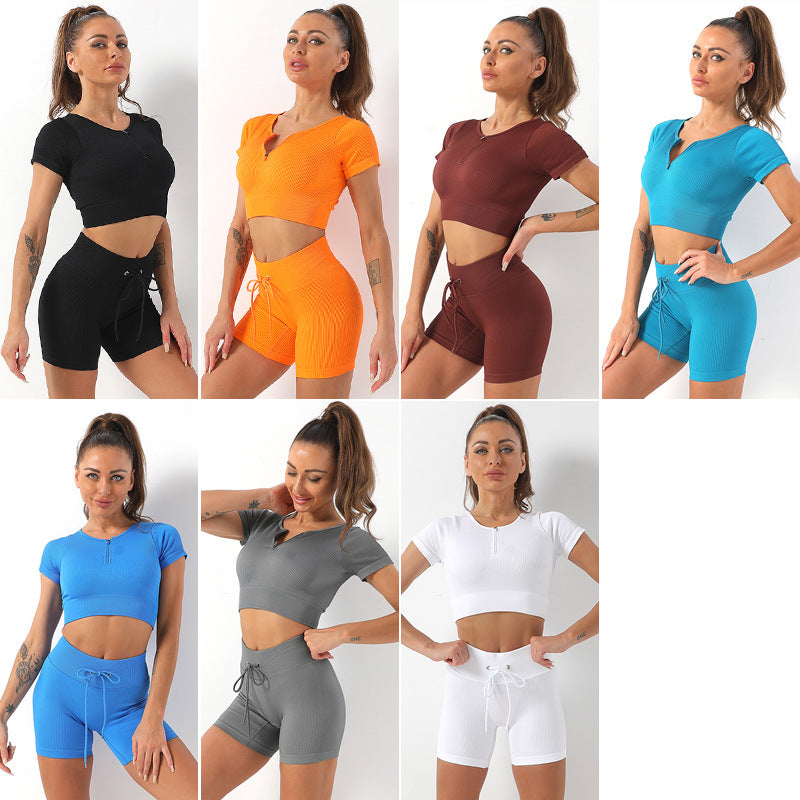 Yoga Suit Running Thread Fitness Clothing Yoga Short Sleeve Top Peach Hip Sports Shorts