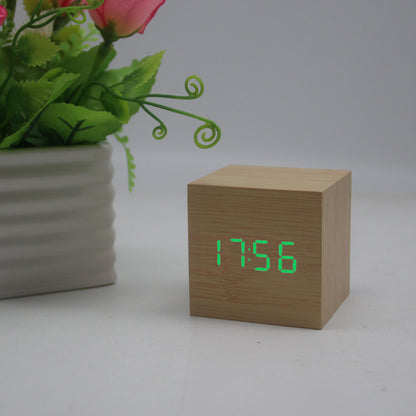 Minimalist Cube shaped sound-sensitive wooden digital clock with temperature display