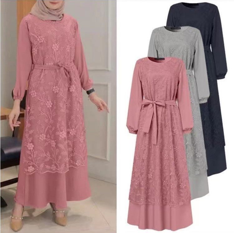 Muslim Round Neck Lace Floral Dress