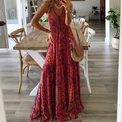 Bohemian Style High Waisted V-neck Printed Floral Dress