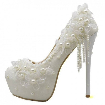 White Lace Flower High Heels Tassel Bridal Wedding Bridesmaid Shoes