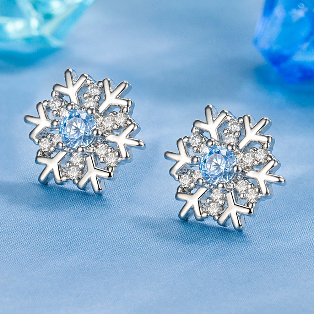 Women's Fashion Simple Blue Diamond Snowflake Ear Stud