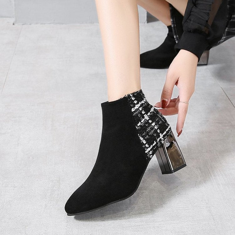 Chunky Heel Ankle High Heels Women's Pointed-toe Boots British Style Short Boots