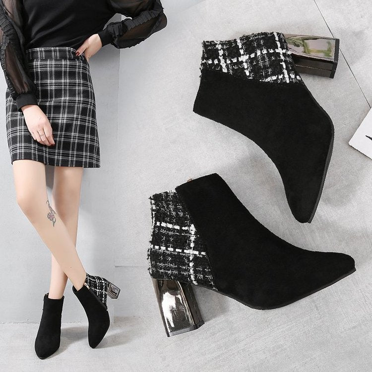 Chunky Heel Ankle High Heels Women's Pointed-toe Boots British Style Short Boots