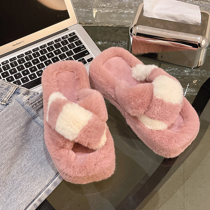 Color Matching Cross Fluffy Slippers Female Autumn And Winter