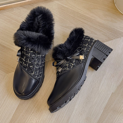 Round Toe Thick Square Heel Elegant Boots With Cute Bow Side Zipper Plus Velvet Ankle Boots Winter Warm Plush Shoes For Women