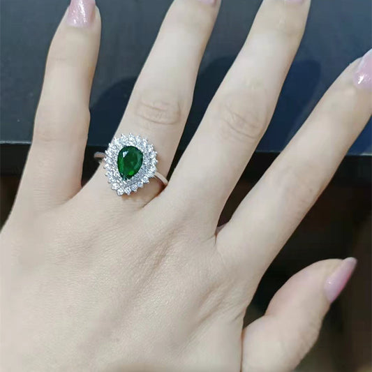 Ins Trendy Heart-shaped Emerald Water Drop Ring Full Diamond