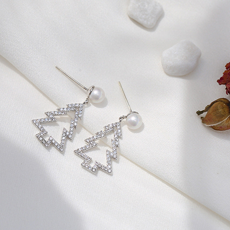 Diamond Christmas Tree Earrings Pearl Fashion Christmas