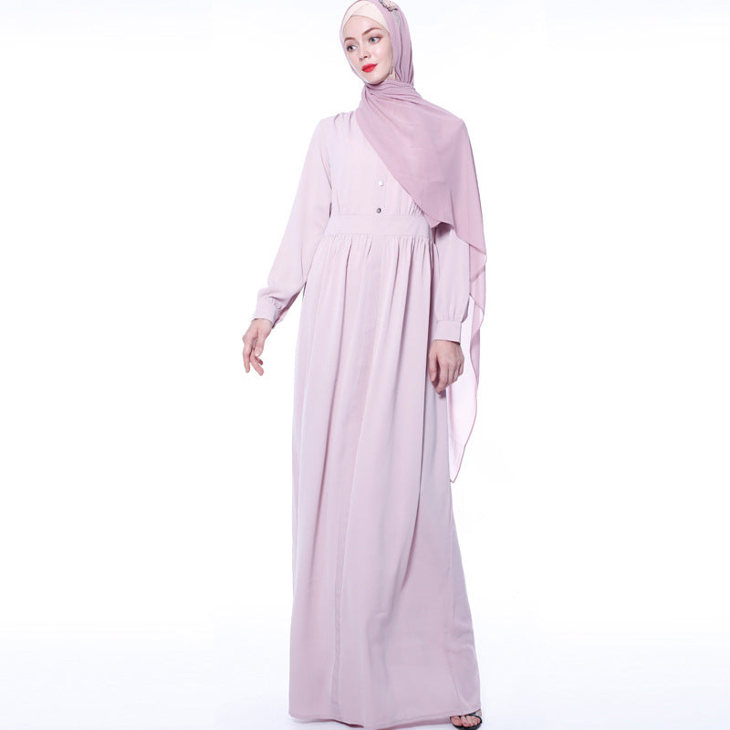 Basic Solid Color Dress Muslim Women National Wind Long Skirt Summer Long Sleeves