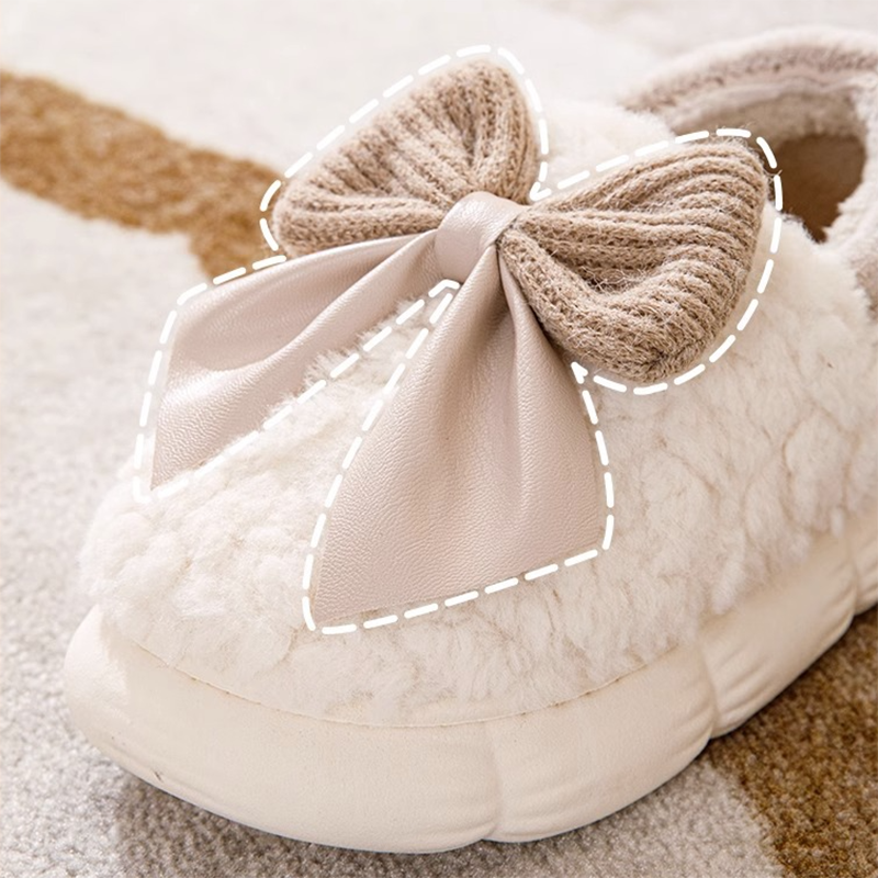 Big Bow-knot Fluffy Slippers Winter Warm Covered Heel Cotton Shoes Fashion Thick-soled Platform Slippers Indoor And Outdoor Garden Walking Shoes