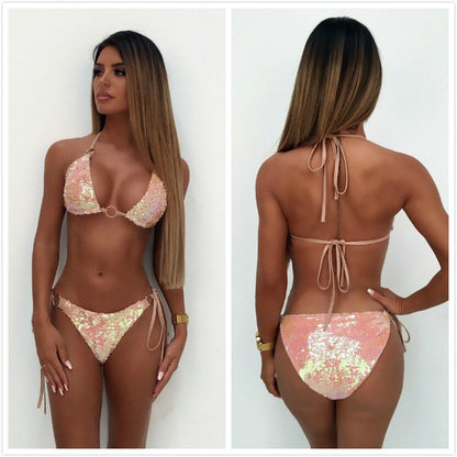 Sequin Color-changing Lace-up Bikini Set