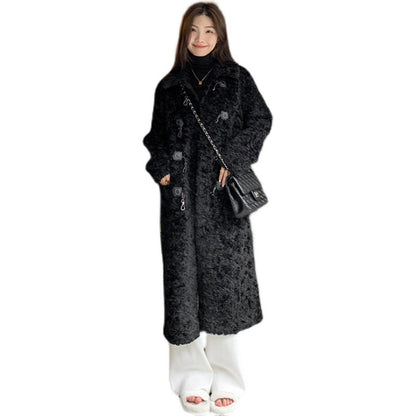 Women's Fashion Casual Horn Button Loose Fur Below-the-knee Coat