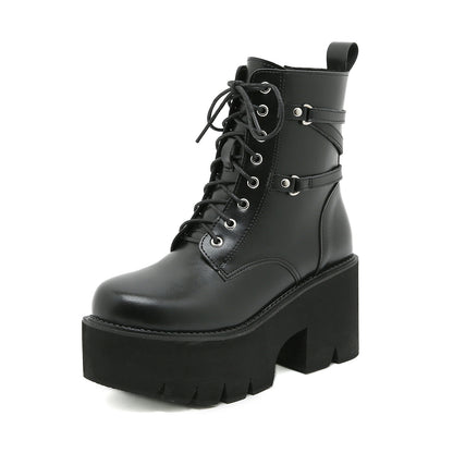 Women's Round Head Lace-up Platform Waterproof Platform Thick Heel Dr Martens Boots