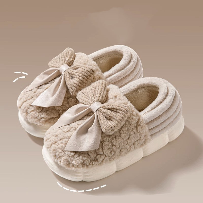 Big Bow-knot Fluffy Slippers Winter Warm Covered Heel Cotton Shoes Fashion Thick-soled Platform Slippers Indoor And Outdoor Garden Walking Shoes