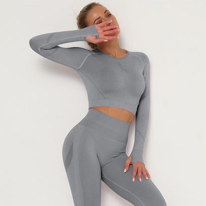 Europe And The United States Seamless Long Sleeve High Elastic Pleated Quick Dry Long Sleeve Fitness Yoga Clothing Top