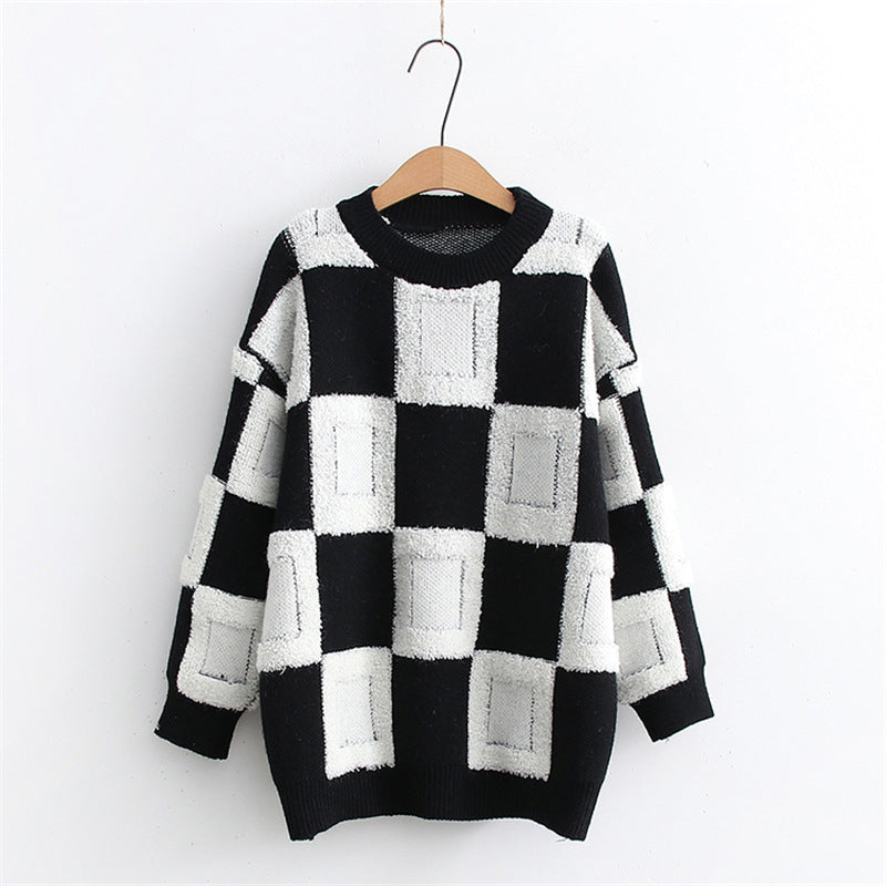 Women's Fashion Casual Chessboard Knitted Pullover Sweater