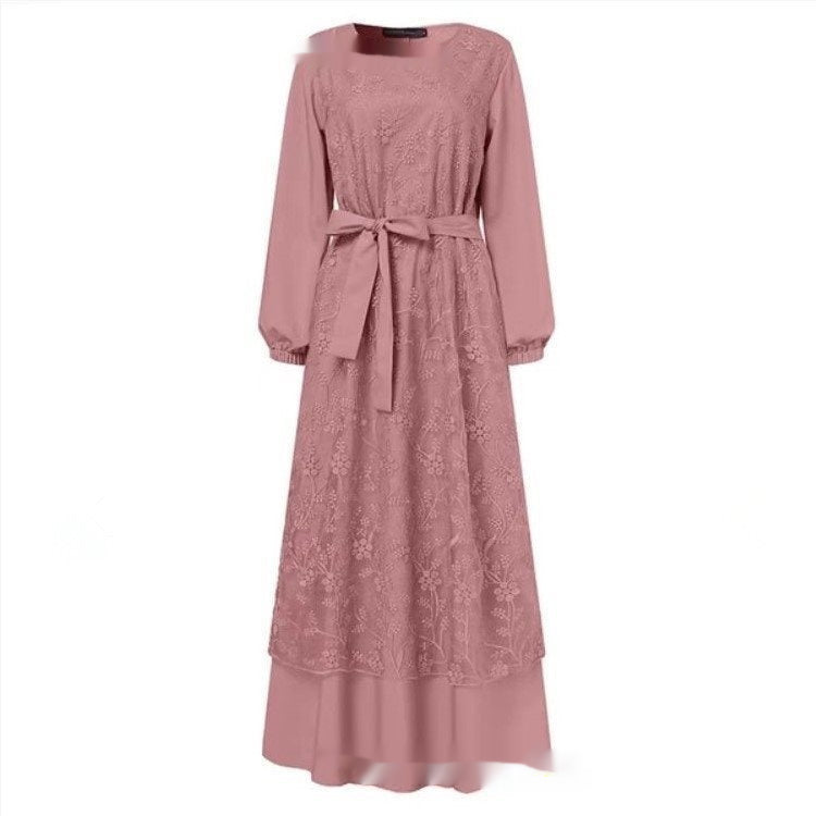 Muslim Round Neck Lace Floral Dress